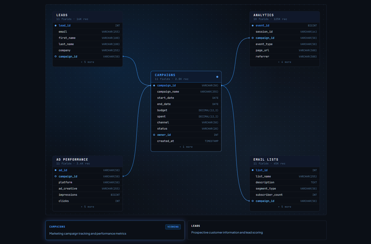 Marketing schema diagram — Leads, Analytics, Campaigns, Ad Performance, and Email Lists tables with relationship lines.