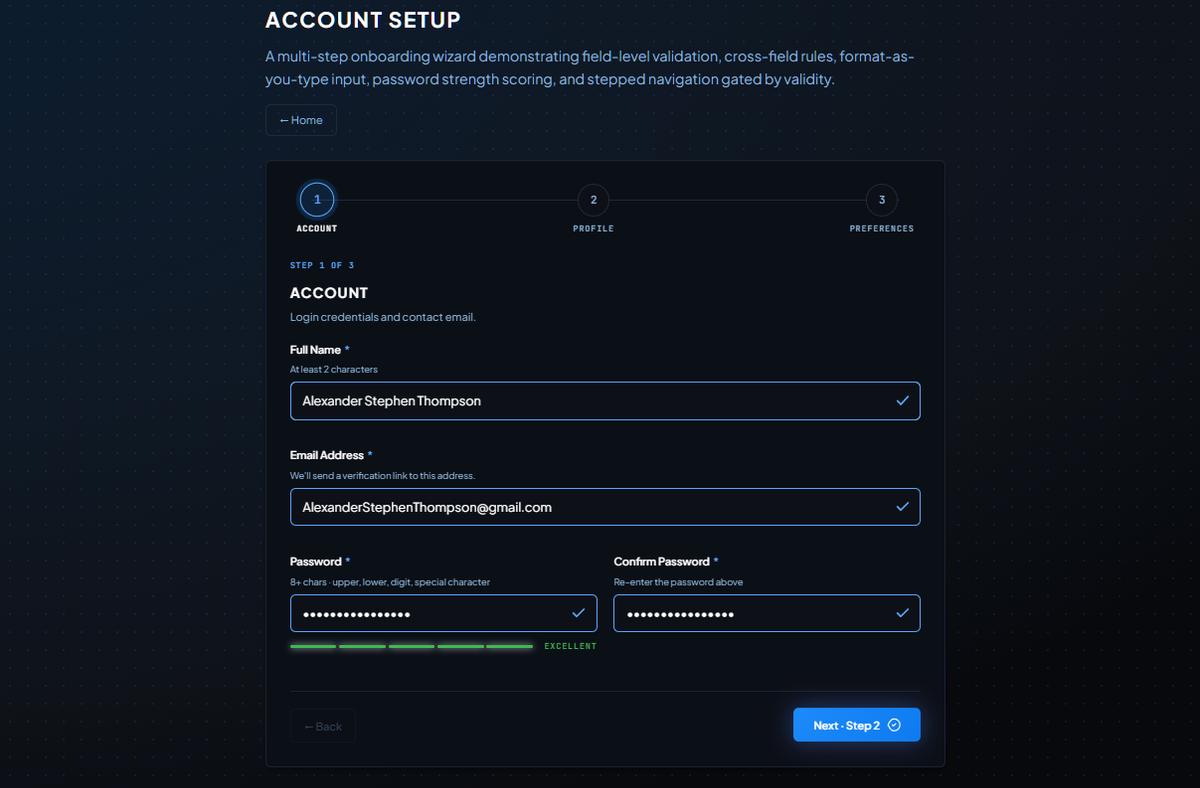 Multi-step account-setup wizard — stepper, Account step with name/email/password fields, format-as-you-type checks, and a password-strength meter.