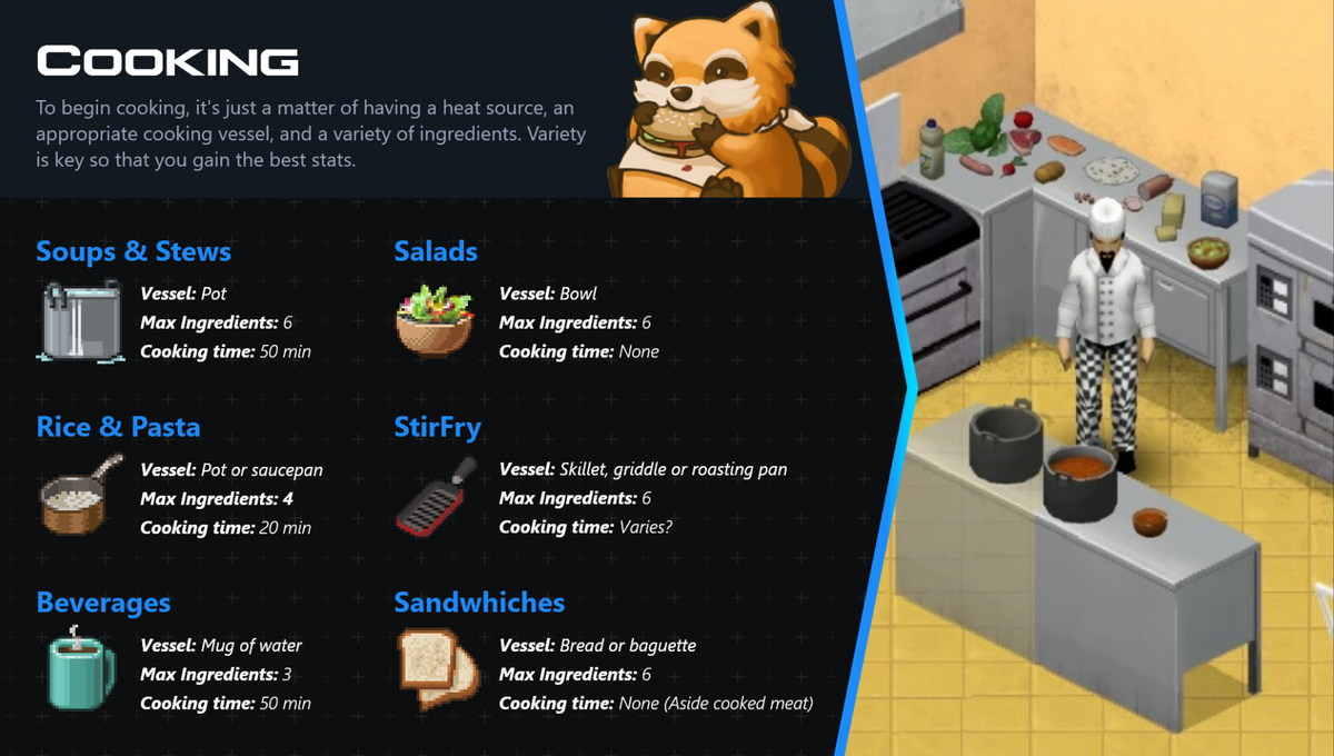 Cooking-themed slide showing vessel, max ingredients, and cooking time across categories like soups, salads, and rice.
