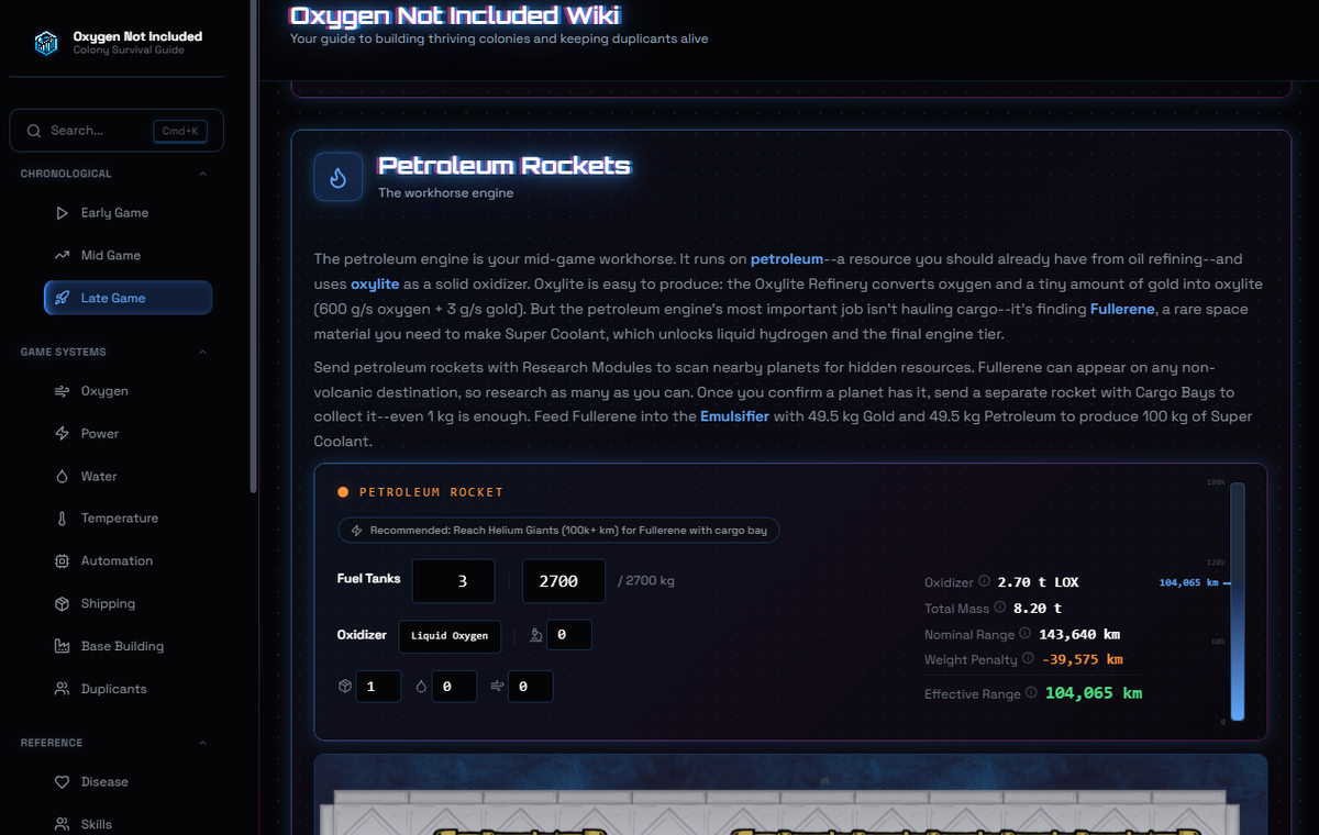 Personal Oxygen Not Included wiki — left-rail navigation and an article on Petroleum Rockets.